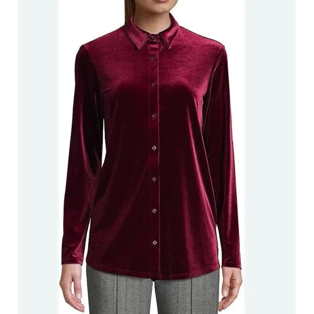 Lands End burgundy velvet button down blouse M